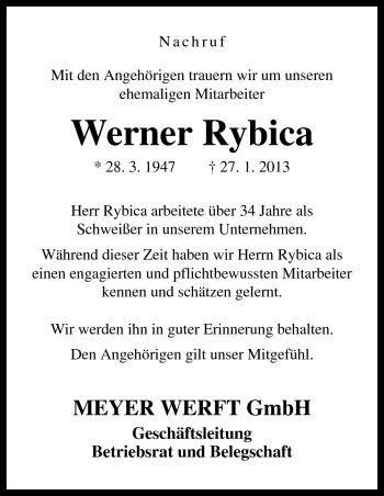 Traueranzeige von Werner Rybica von Neue Osnabrücker Zeitung GmbH & Co. KG
