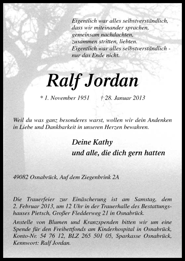  Traueranzeige für Ralf Jordan vom 31.01.2013 aus Neue Osnabrücker Zeitung GmbH & Co. KG