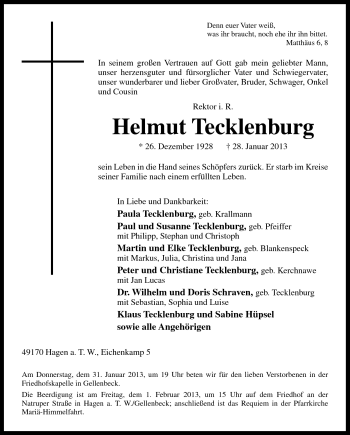 Traueranzeige von Helmut Tecklenburg von Neue Osnabrücker Zeitung GmbH & Co. KG