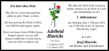 Traueranzeige von Adelheid Hinrichs von Neue Osnabrücker Zeitung GmbH & Co. KG