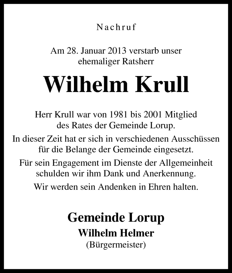  Traueranzeige für Wilhelm Krull vom 31.01.2013 aus Neue Osnabrücker Zeitung GmbH & Co. KG