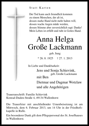 Traueranzeige von Anna Helga Große Lackmann von Neue Osnabrücker Zeitung GmbH & Co. KG
