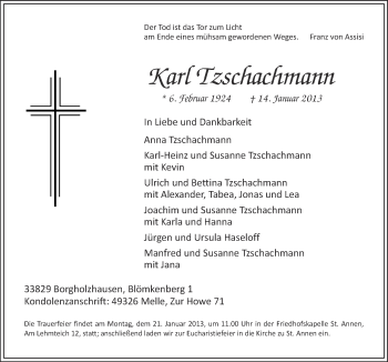 Traueranzeige von Karl Tzschachmann von Neue Osnabrücker Zeitung GmbH & Co. KG