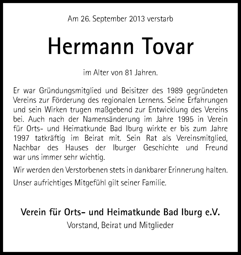  Traueranzeige für Hermann Tovar vom 01.10.2013 aus Neue Osnabrücker Zeitung GmbH & Co. KG