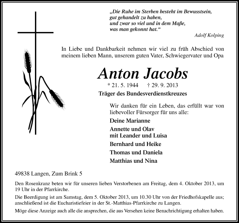  Traueranzeige für Anton Jacobs vom 01.10.2013 aus Neue Osnabrücker Zeitung GmbH & Co. KG