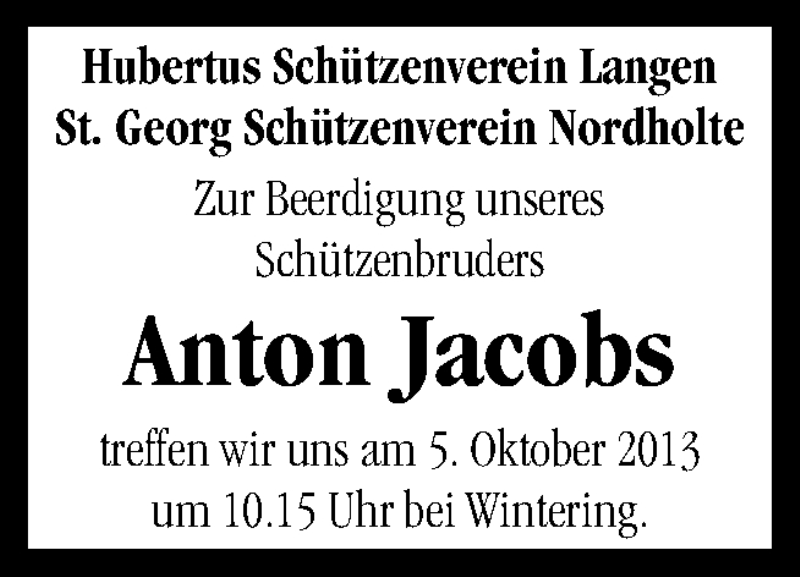  Traueranzeige für Anton Jacobs vom 04.10.2013 aus Neue Osnabrücker Zeitung GmbH & Co. KG