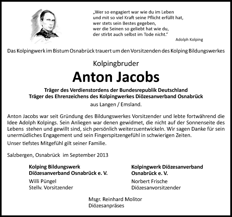  Traueranzeige für Anton Jacobs vom 04.10.2013 aus Neue Osnabrücker Zeitung GmbH & Co. KG