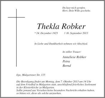 Traueranzeige von Thekla Robker von Neue Osnabrücker Zeitung GmbH & Co. KG