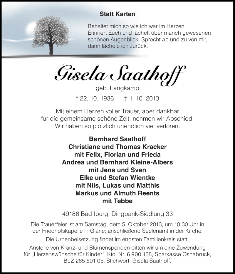  Traueranzeige für Gisela Saathoff vom 04.10.2013 aus Neue Osnabrücker Zeitung GmbH & Co. KG
