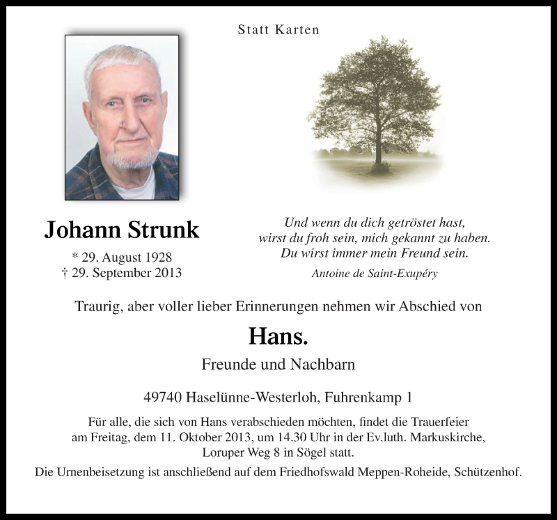  Traueranzeige für Johann Strunk vom 05.10.2013 aus Neue Osnabrücker Zeitung GmbH & Co. KG