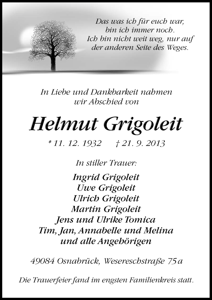  Traueranzeige für Helmut Grigoleit vom 05.10.2013 aus Neue Osnabrücker Zeitung GmbH & Co. KG