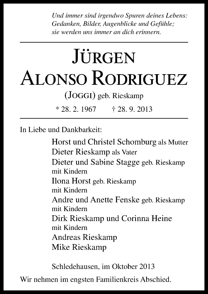  Traueranzeige für Jürgen Alonso Rodriguez vom 05.10.2013 aus Neue Osnabrücker Zeitung GmbH & Co. KG