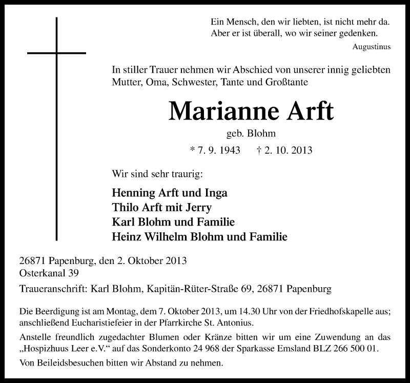  Traueranzeige für Marianne Arft vom 04.10.2013 aus Neue Osnabrücker Zeitung GmbH & Co. KG