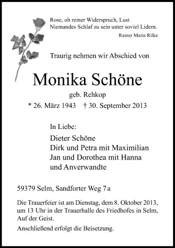 Traueranzeige von Monika Schöne von Neue Osnabrücker Zeitung GmbH & Co. KG