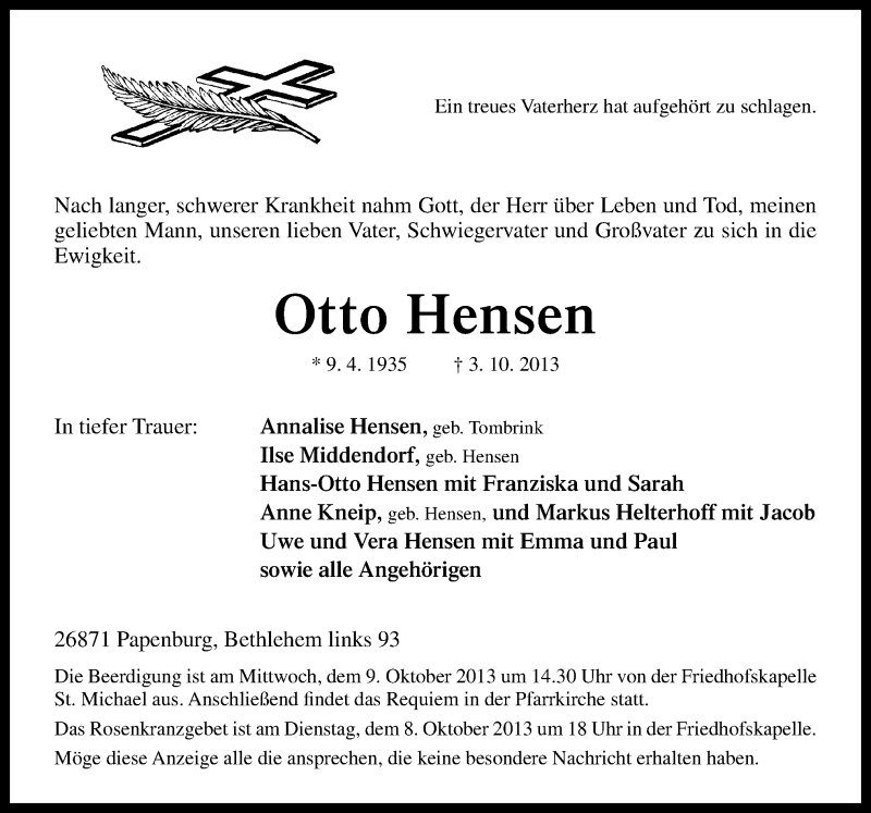  Traueranzeige für Otto Hensen vom 05.10.2013 aus Neue Osnabrücker Zeitung GmbH & Co. KG