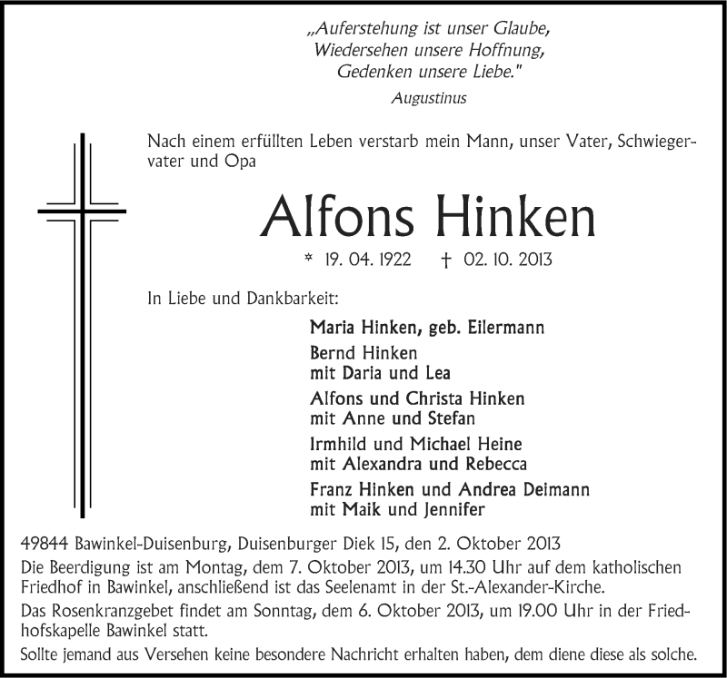  Traueranzeige für Alfons Hinken vom 05.10.2013 aus Neue Osnabrücker Zeitung GmbH & Co. KG