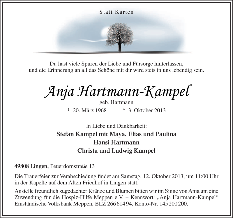  Traueranzeige für Anja Hartmann-Kampel vom 08.10.2013 aus Neue Osnabrücker Zeitung GmbH & Co. KG