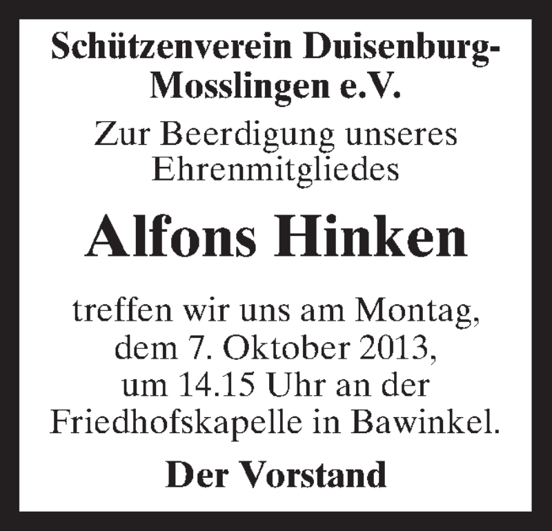  Traueranzeige für Alfons Hinken vom 07.10.2013 aus Neue Osnabrücker Zeitung GmbH & Co. KG