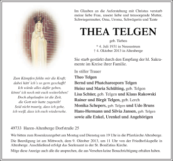 Traueranzeige von Thea Telgen von Neue Osnabrücker Zeitung GmbH & Co. KG