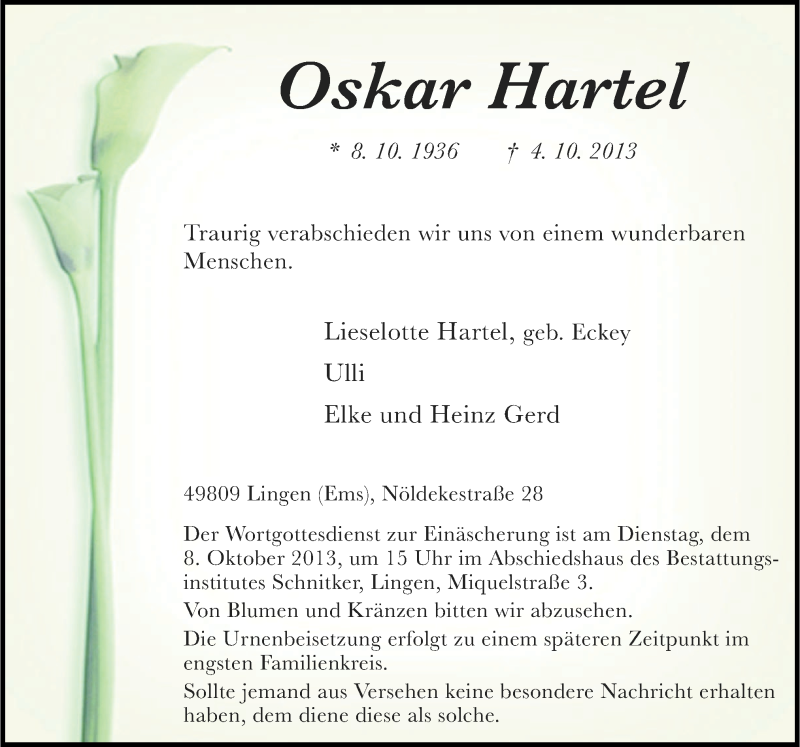 Traueranzeige für Oskar Hartel vom 07.10.2013 aus Neue Osnabrücker Zeitung GmbH & Co. KG