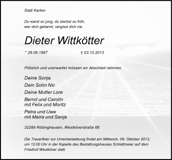 Traueranzeige von Dieter Wittkötter von Neue Osnabrücker Zeitung GmbH & Co. KG