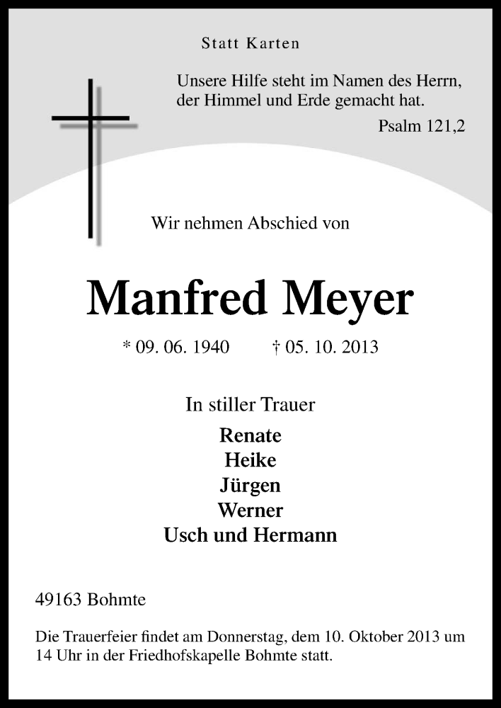  Traueranzeige für Manfred Meyer vom 07.10.2013 aus Neue Osnabrücker Zeitung GmbH & Co. KG