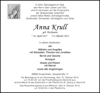 Traueranzeige von Anna Krull von Neue Osnabrücker Zeitung GmbH & Co. KG