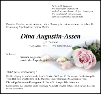 Traueranzeige von Dina Augustin-Assen von Neue Osnabrücker Zeitung GmbH & Co. KG