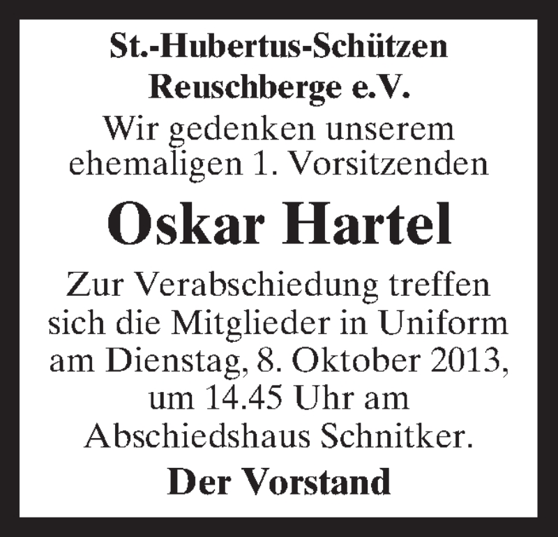  Traueranzeige für Oskar Hartel vom 08.10.2013 aus Neue Osnabrücker Zeitung GmbH & Co. KG