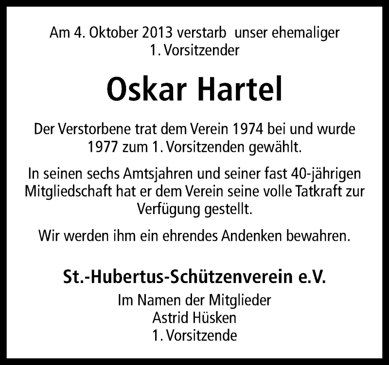  Traueranzeige für Oskar Hartel vom 08.10.2013 aus Neue Osnabrücker Zeitung GmbH & Co. KG