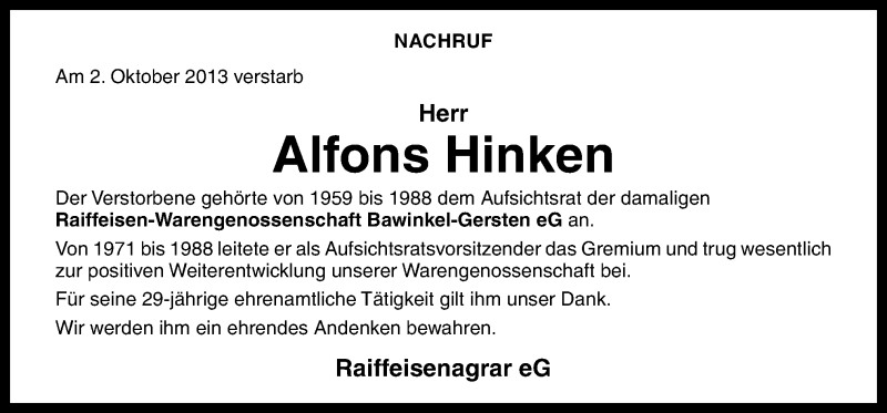  Traueranzeige für Alfons Hinken vom 08.10.2013 aus Neue Osnabrücker Zeitung GmbH & Co. KG