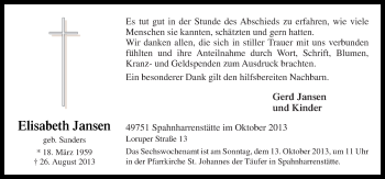 Traueranzeige von Elisabeth Jansen von Neue Osnabrücker Zeitung GmbH & Co. KG