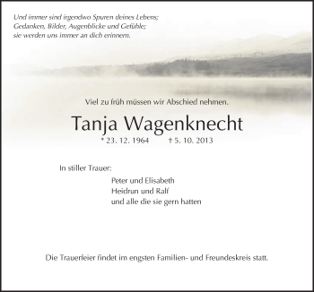 Traueranzeige von Tanja Wagenknecht von Neue Osnabrücker Zeitung GmbH & Co. KG