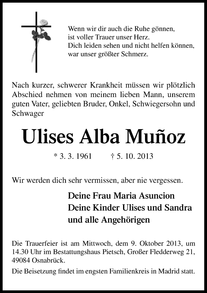  Traueranzeige für Ulises Alba Munoz vom 08.10.2013 aus Neue Osnabrücker Zeitung GmbH & Co. KG