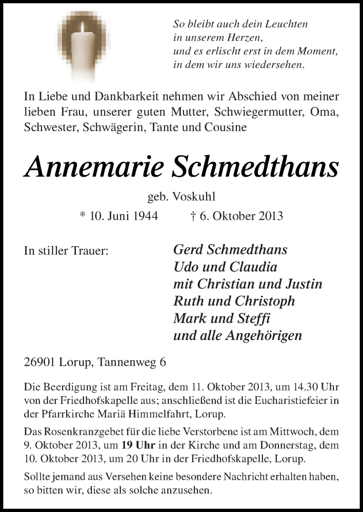  Traueranzeige für Annemarie Schmedthans vom 09.10.2013 aus Neue Osnabrücker Zeitung GmbH & Co. KG