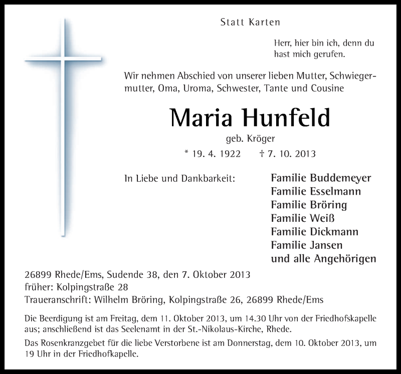  Traueranzeige für Maria Hunfeld vom 09.10.2013 aus Neue Osnabrücker Zeitung GmbH & Co. KG