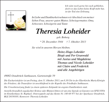 Traueranzeige von Theresia Loheider von Neue Osnabrücker Zeitung GmbH & Co. KG