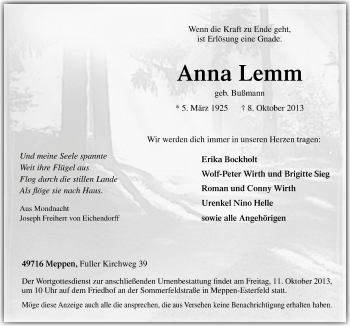 Traueranzeige von Anna Lemm von Neue Osnabrücker Zeitung GmbH & Co. KG