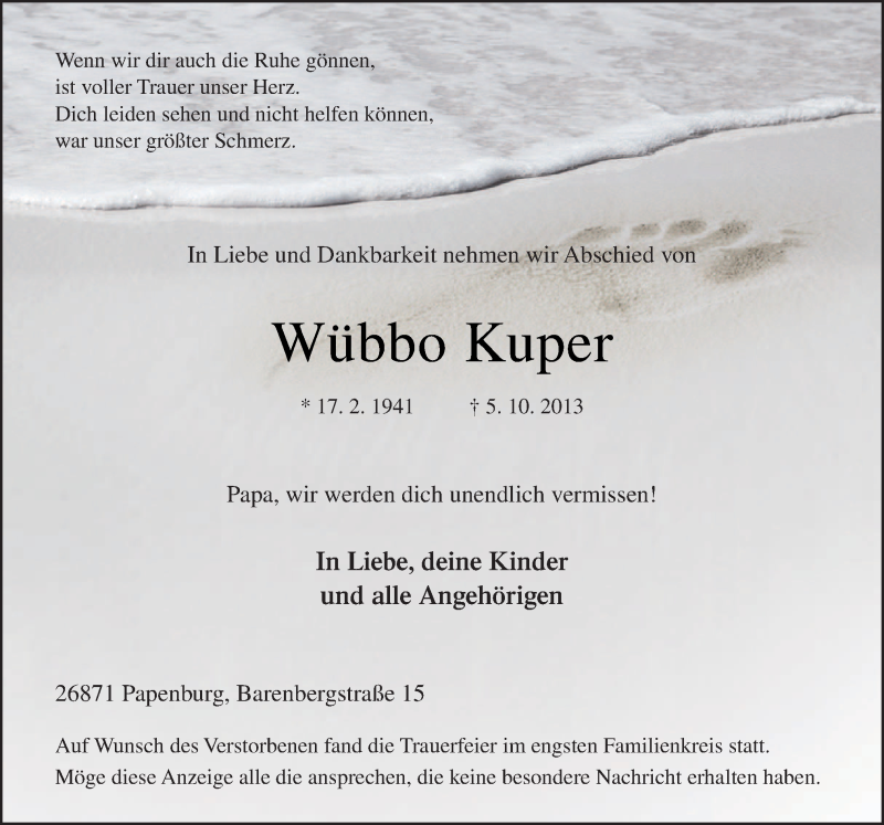  Traueranzeige für Wübbo Kuper vom 16.10.2013 aus Neue Osnabrücker Zeitung GmbH & Co. KG