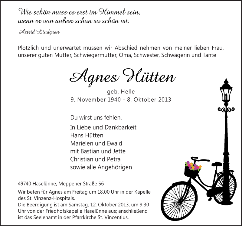  Traueranzeige für Agnes Hütten vom 10.10.2013 aus Neue Osnabrücker Zeitung GmbH & Co. KG