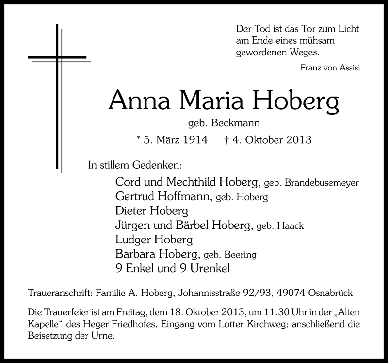  Traueranzeige für Anna Maria Hoberg vom 12.10.2013 aus Neue Osnabrücker Zeitung GmbH & Co. KG