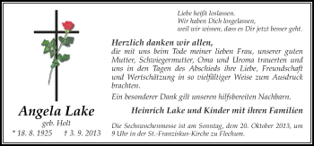 Traueranzeige von Angela Lake von Neue Osnabrücker Zeitung GmbH & Co. KG