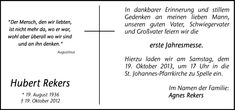  Traueranzeige für Hubert Rekers vom 12.10.2013 aus Neue Osnabrücker Zeitung GmbH & Co. KG