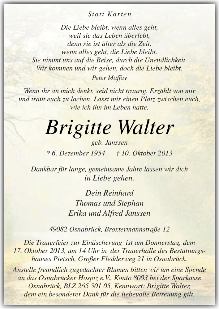  Traueranzeige für Brigitte Walter vom 12.10.2013 aus Neue Osnabrücker Zeitung GmbH & Co. KG