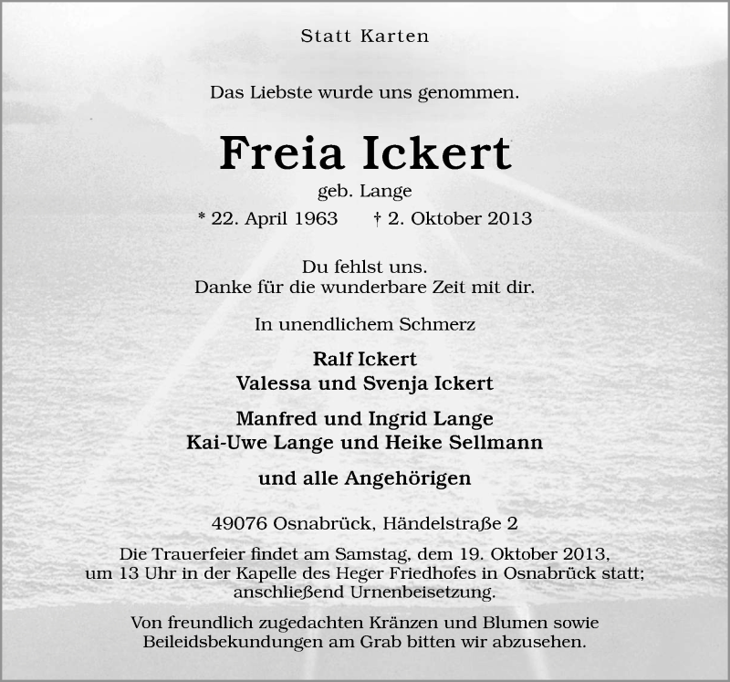  Traueranzeige für Freia Ickert vom 16.10.2013 aus Neue Osnabrücker Zeitung GmbH & Co. KG