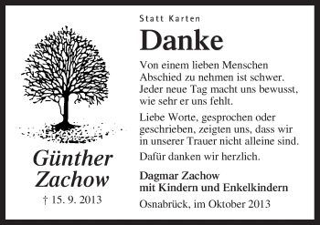 Traueranzeige von Günther Zachow von Neue Osnabrücker Zeitung GmbH & Co. KG
