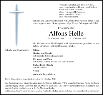 Traueranzeige von Alfons Helle von Neue Osnabrücker Zeitung GmbH & Co. KG