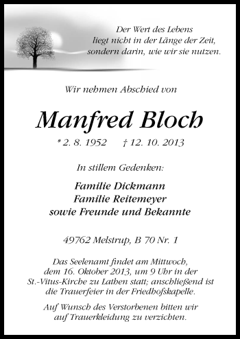 Traueranzeige von Manfred Bloch von Neue Osnabrücker Zeitung GmbH & Co. KG