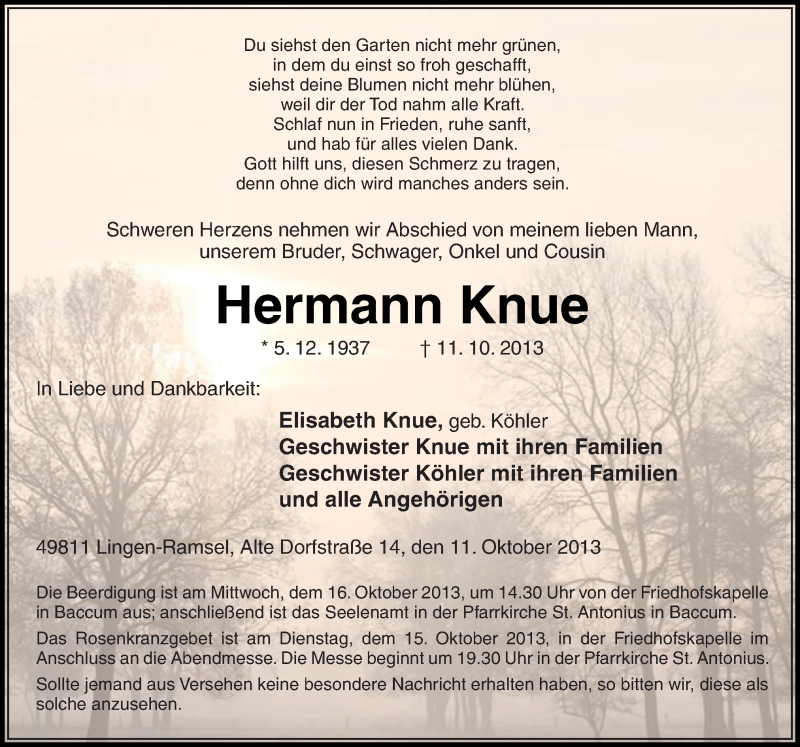  Traueranzeige für Hermann Knue vom 14.10.2013 aus Neue Osnabrücker Zeitung GmbH & Co. KG