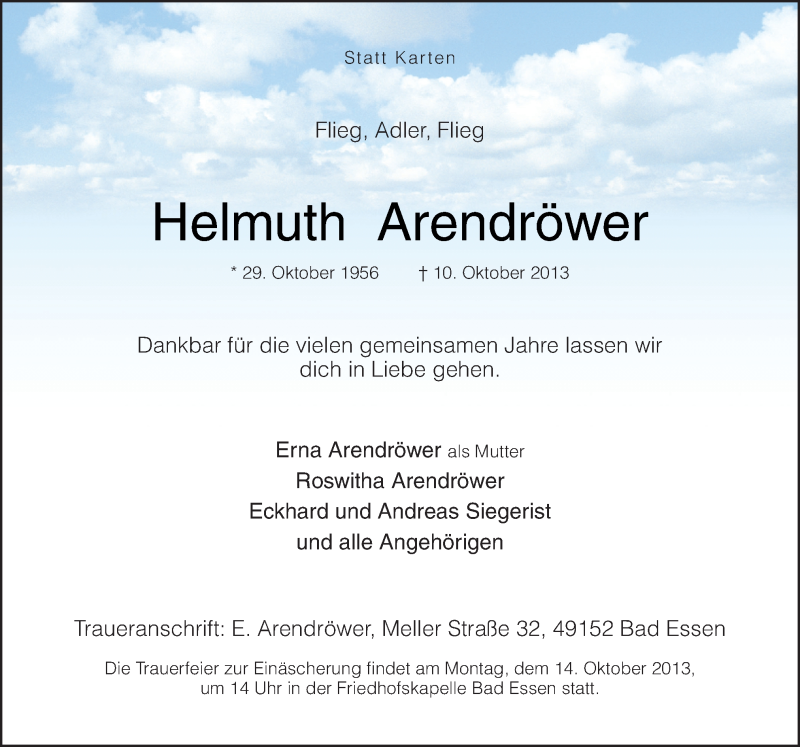  Traueranzeige für Helmut Arendröwer vom 14.10.2013 aus Neue Osnabrücker Zeitung GmbH & Co. KG